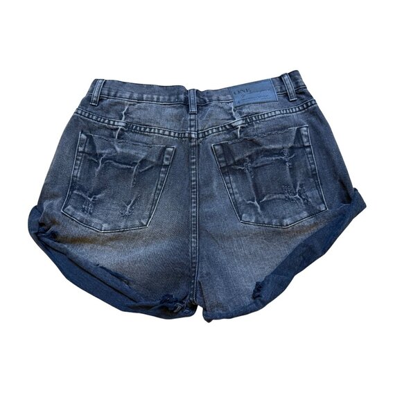 One Teaspoon Mid Waist Bandit Twisted Cuff Black Distressed Denim Shorts Size 28 - Picture 2 of 8